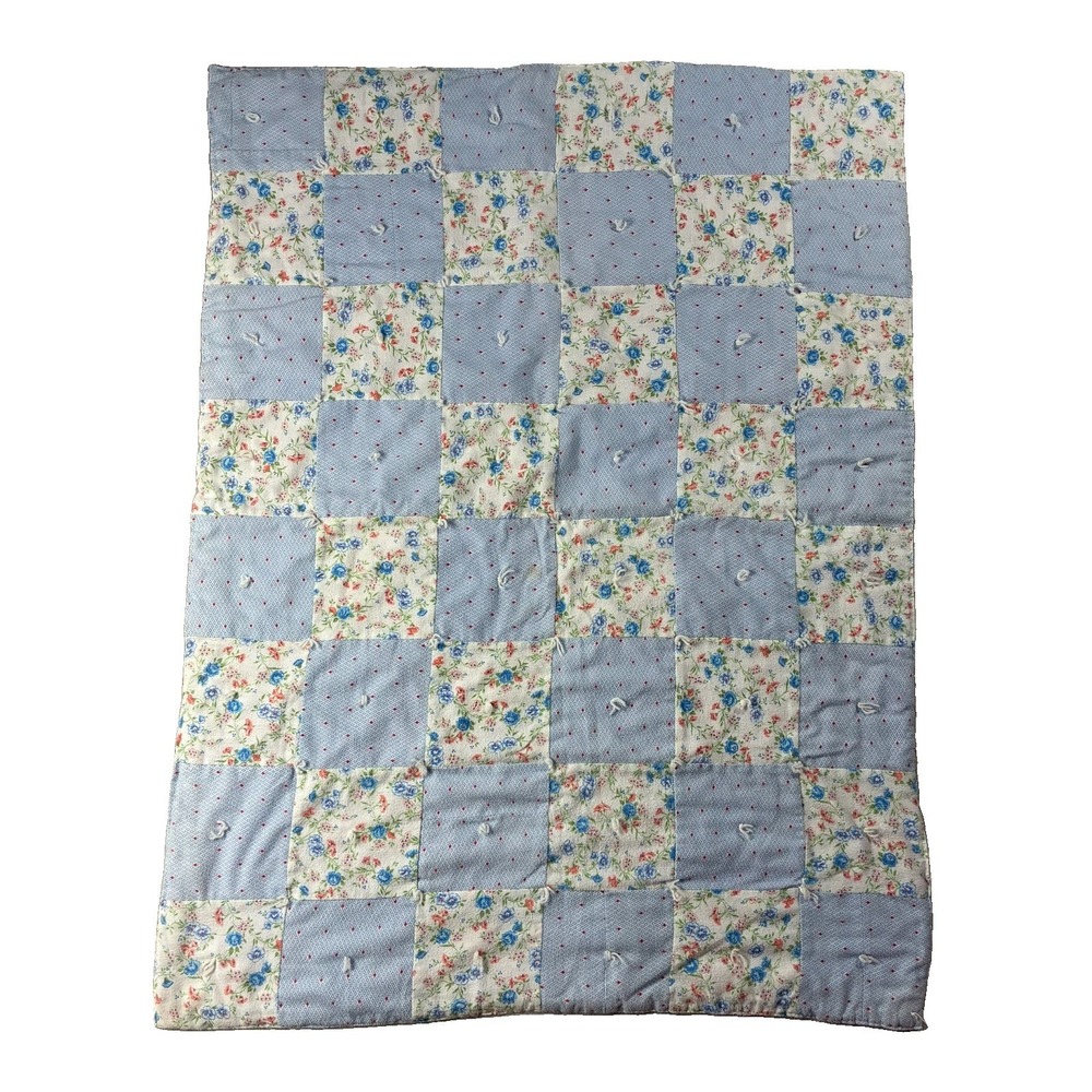 Handmade Baby Lap Quilt Blue Floral Block Yarn Ties 31.5x42 Blanket Cottagecore